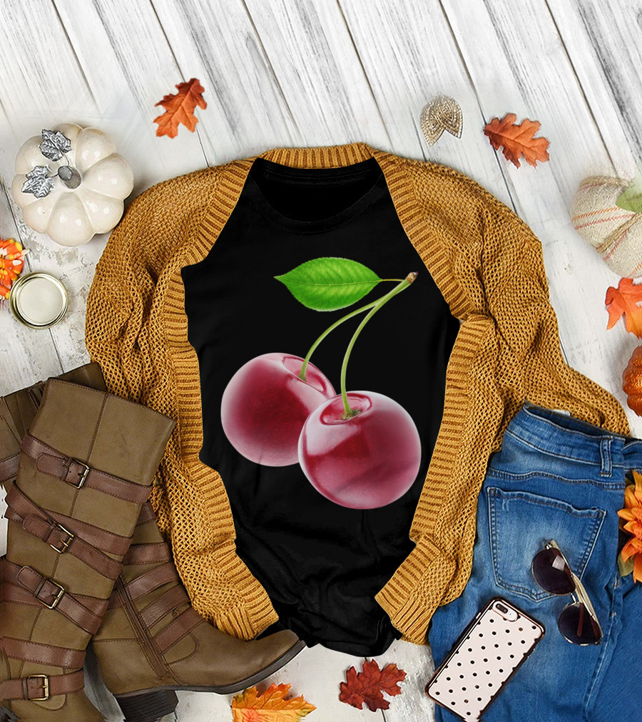Two Sweet Cherries Sti Cherries with Green Leaf T-Shirt