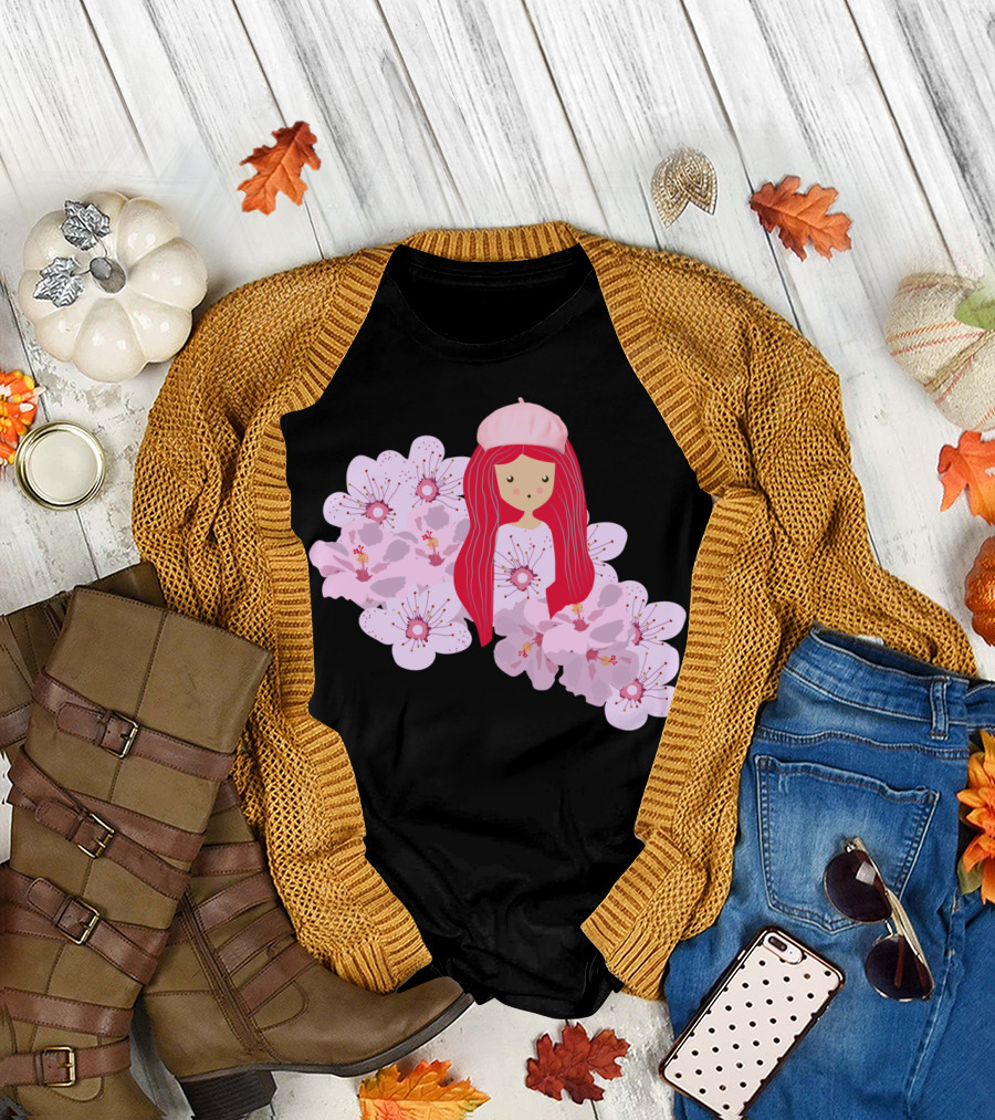 Girl On Flowers Sa Cherry Blossom Girl With Pink Hat T-Shirt
