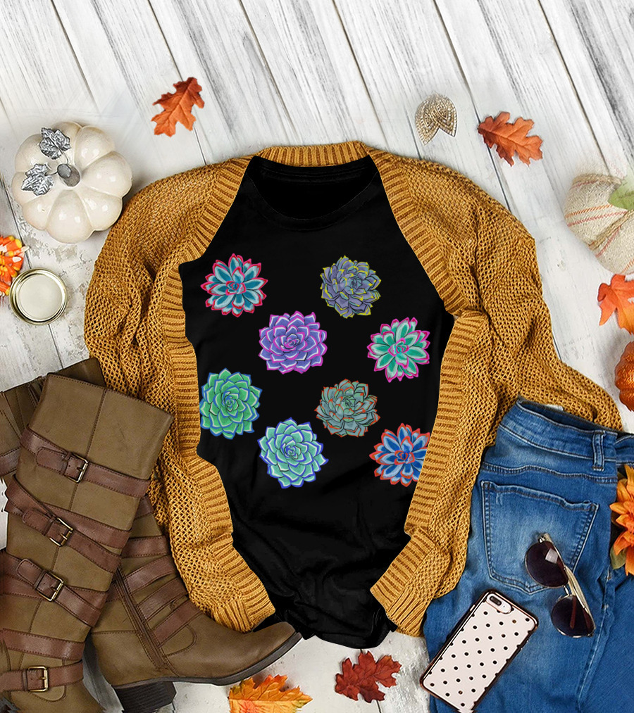 Bright and Colorful Succulent Print with Vibrant Floral T-Shirt