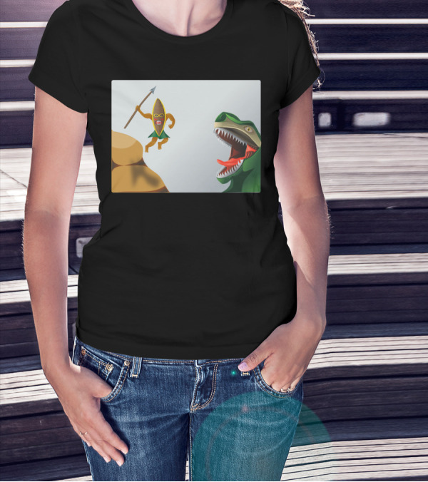 Dinosaur Hunter With Spear-Wielding Warrior And Roaring T-Rex T-Shirt