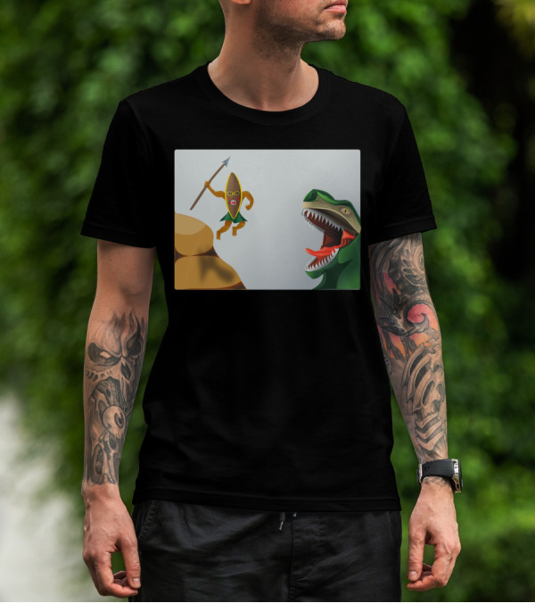 Dinosaur Hunter With Spear-Wielding Warrior And Roaring T-Rex T-Shirt