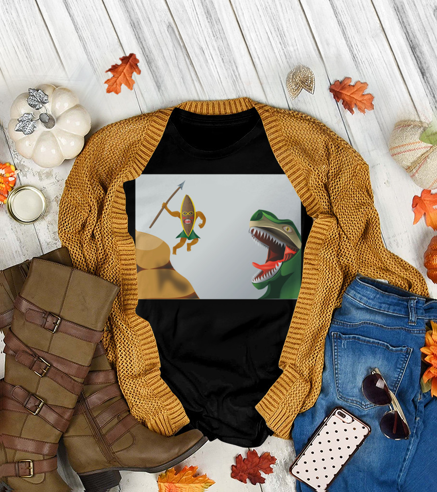 Dinosaur Hunter with Spear-Wielding Warrior and Roaring T-Rex T-Shirt