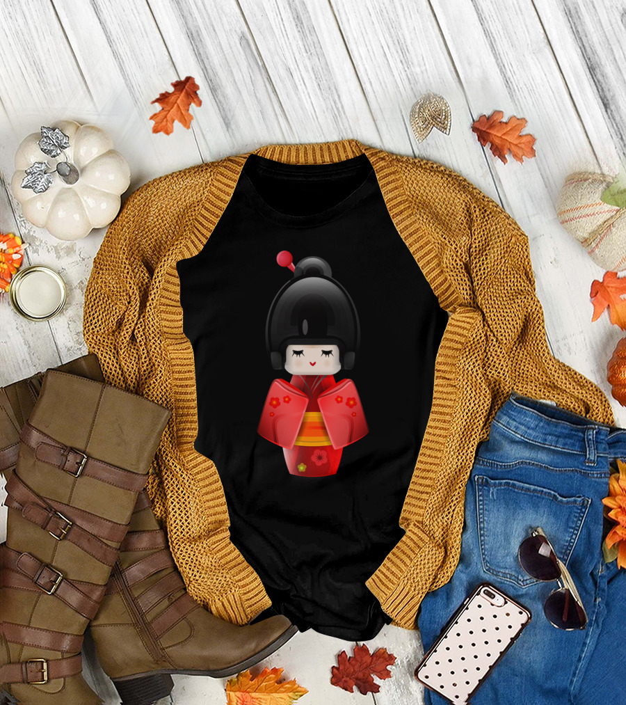 Kokeshi Doll Kimono Floral in Red T-Shirt