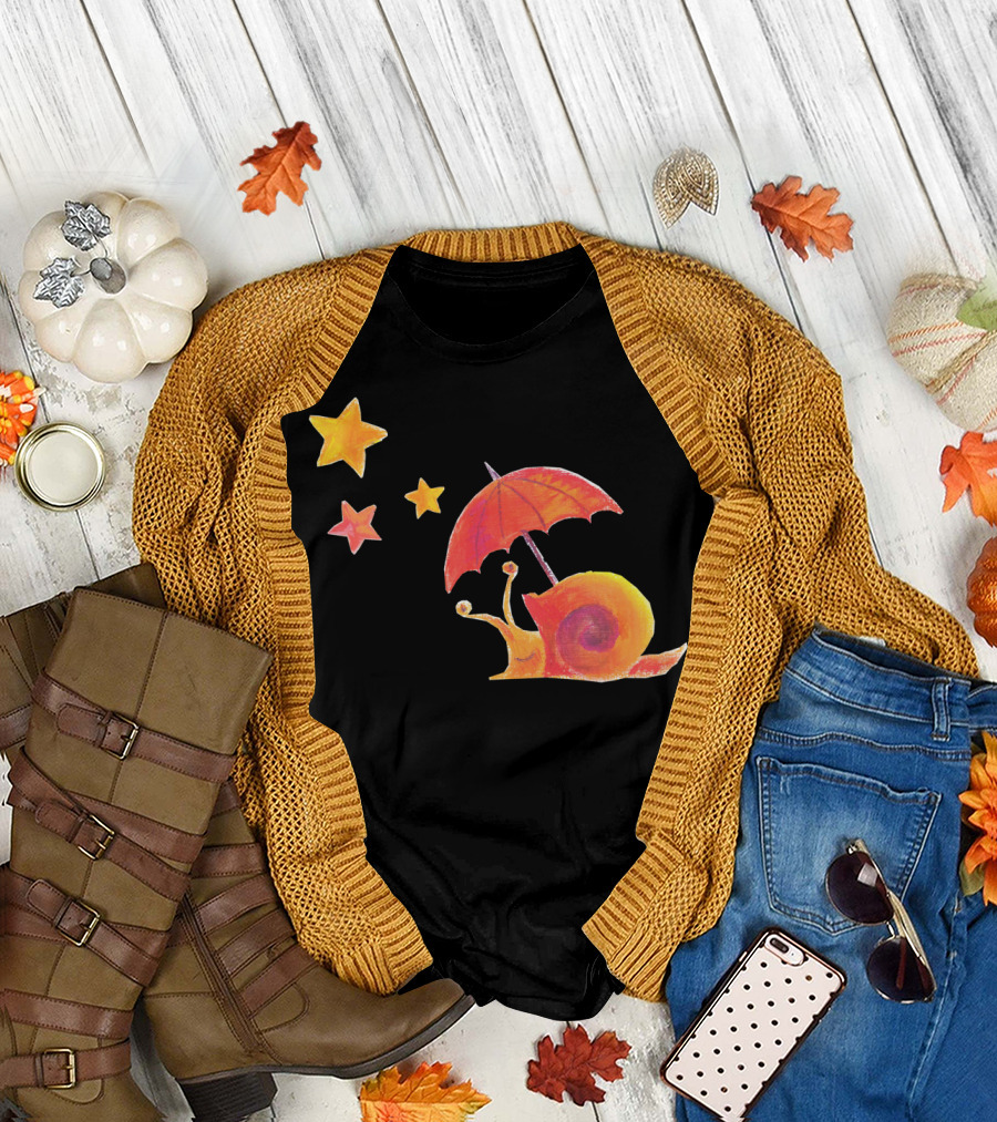 Bright Cute Snail With An Umbrella Walking Under Stars T-Shirt