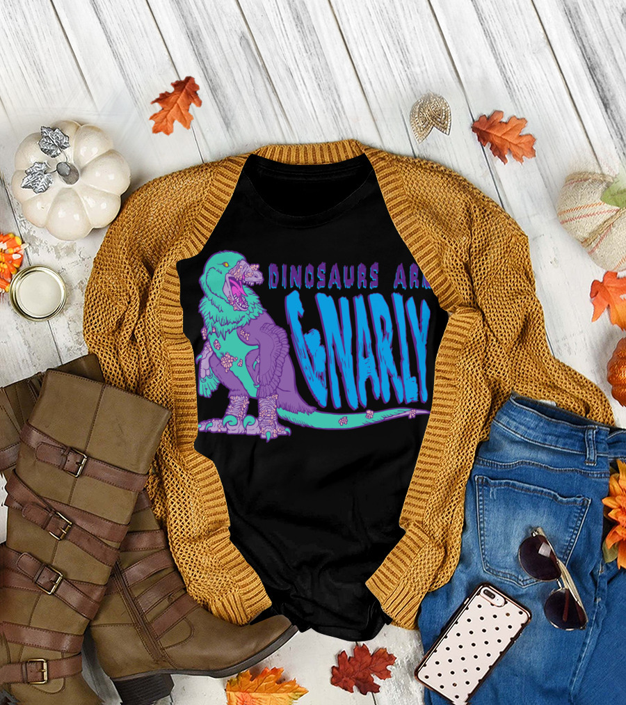 Dinosaurs Are Gnarly Retro Colorful Dinosaur with Surfer Aesthetic T-Shirt
