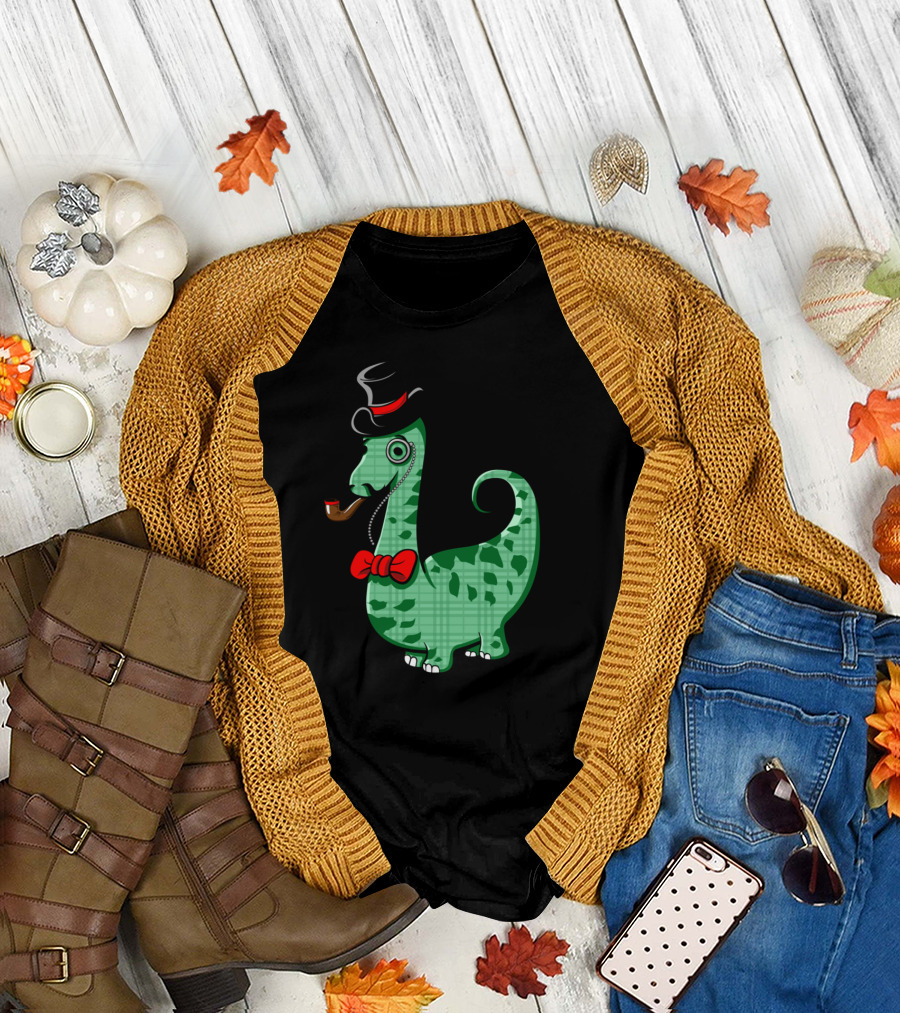 Dapper Dinosaur with Top Hat, Monocle, Red Bow Tie and Smoking Pipe T-Shirt