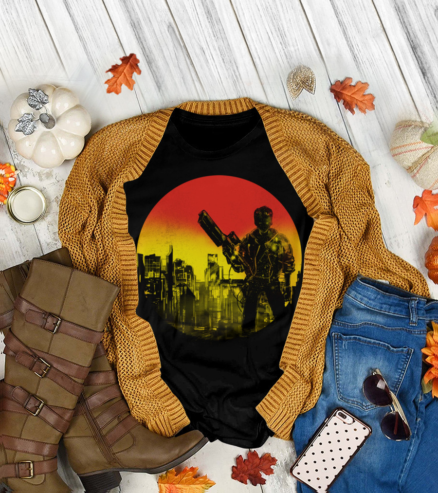 Bad Education T Cyberpunk Cityscape with Neon Soldier T-Shirt