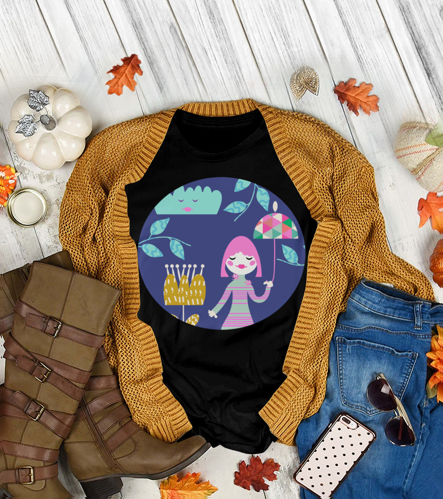 Cute Doll with Geometric Umbrella and Sleeping Cloud T-Shirt
