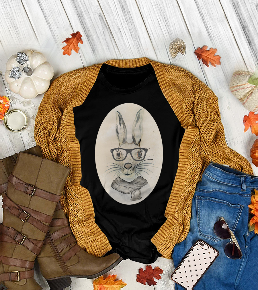 Cute Funny Watercolor Bunny With Glasses Scarf Oval T-Shirt