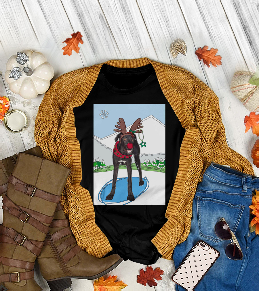 Cute Great Dane Reindeer Antlers Christmas Scene T-Shirt