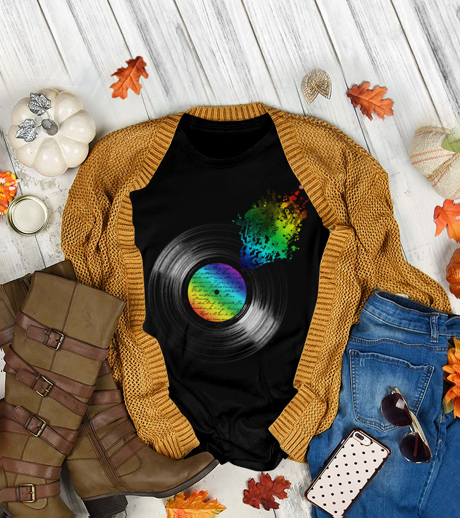 Broken Vinyl Explosion with Colorful Musical Notes T-Shirt