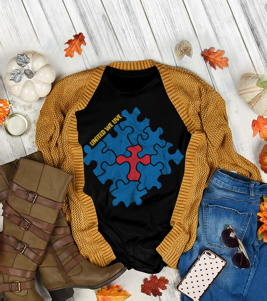 UNITED WE LIVE Puzzle Piece Design Blue Red T-Shirt