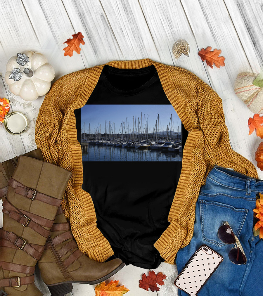 Hendaye Harbour Boats Water Reflection Scenic Print T-Shirt