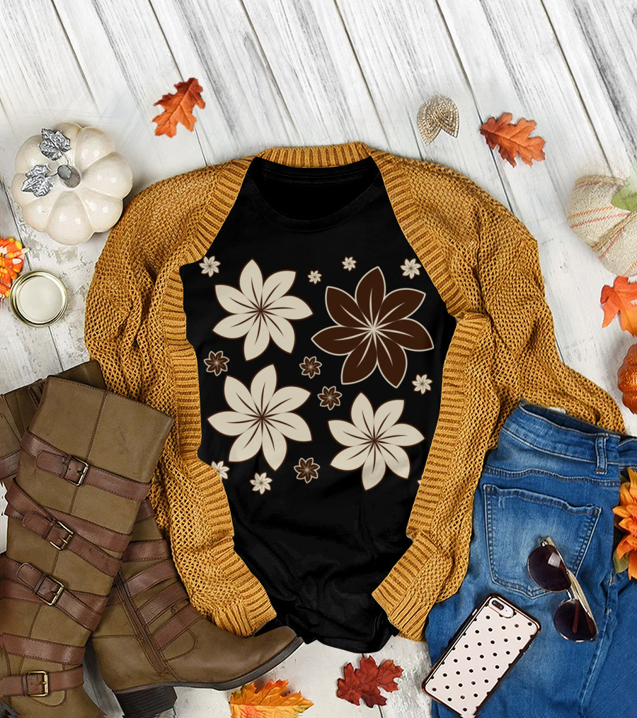Brown Floral Pattern with Cream Flowers T-Shirt