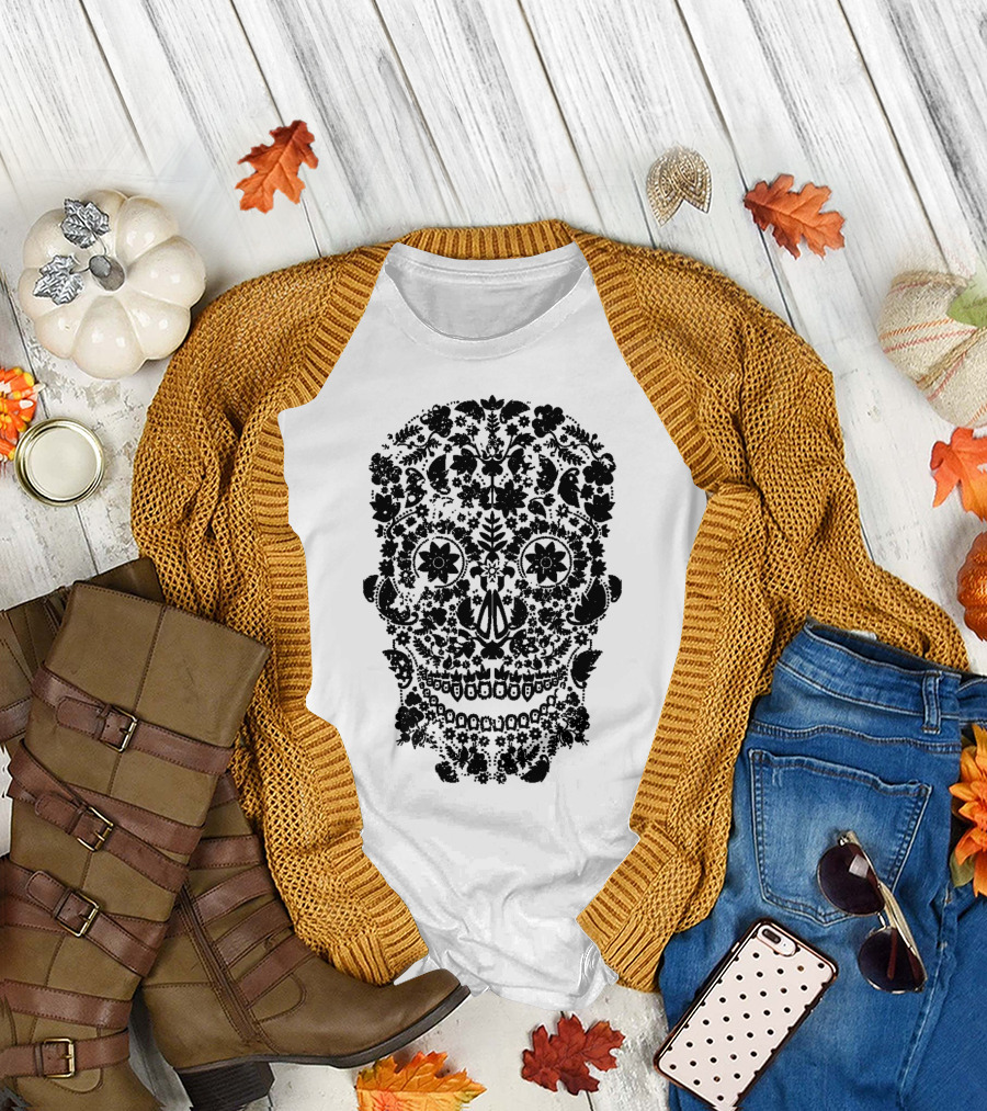 Day Of The Dead Distressed Skull Floral T-Shirt