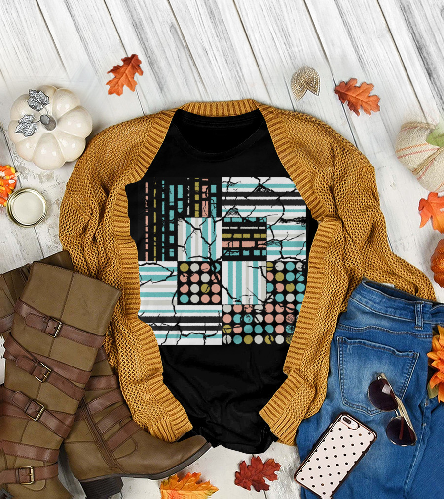 Striped and Dotted Distressed Pattern Squares T-Shirt