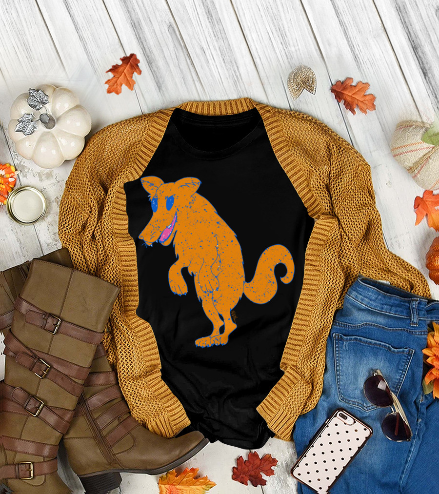 Foxtrot Cartoon Canine Character with Blue Spotted Orange Fur and Pink Grin T-Shirt