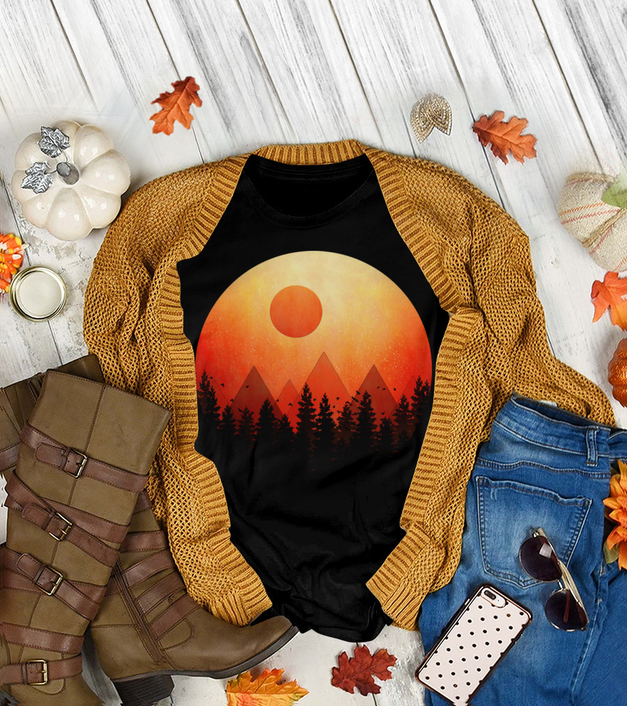 Gloomy Forest T Sunset Mountain Silhouette with Sun and Trees T-Shirt