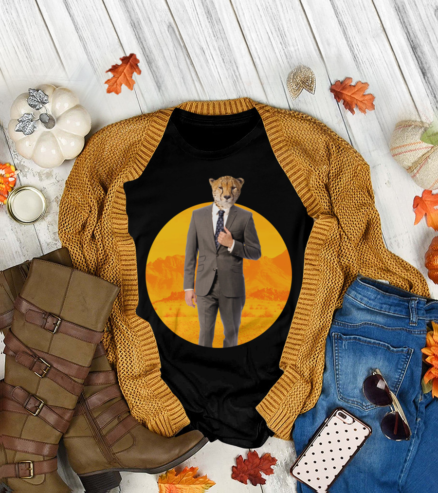 Sir Cheetah in Suit Against Sunset Desert Landscape T-Shirt