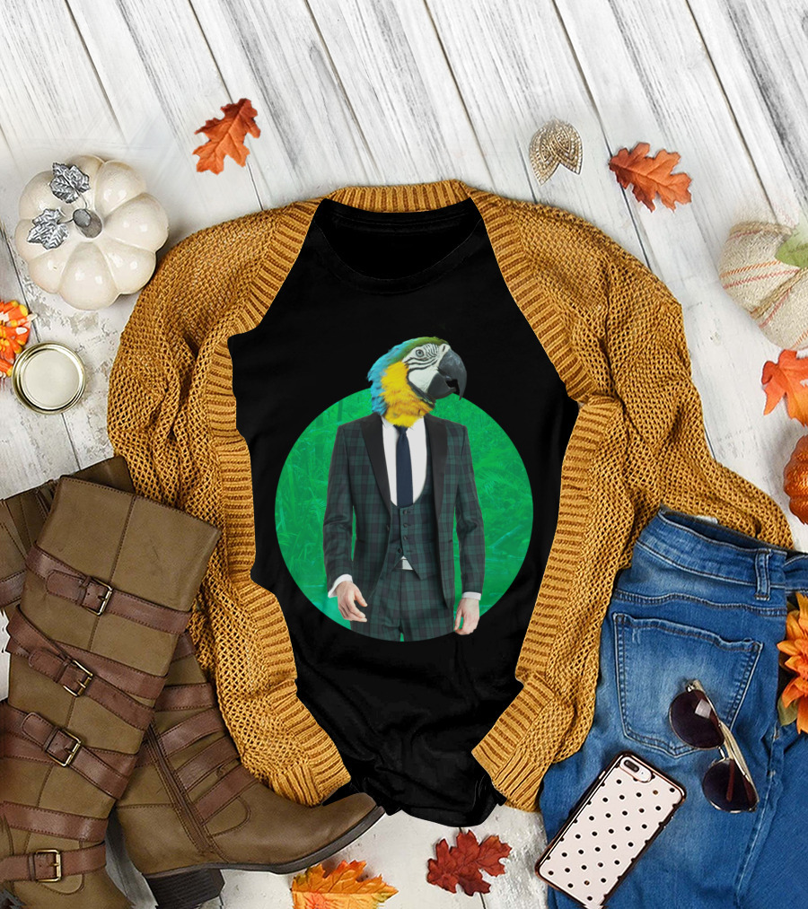Sir Parrot Formal Suit Multicolored Bird Head on Checkered Jacket T-Shirt