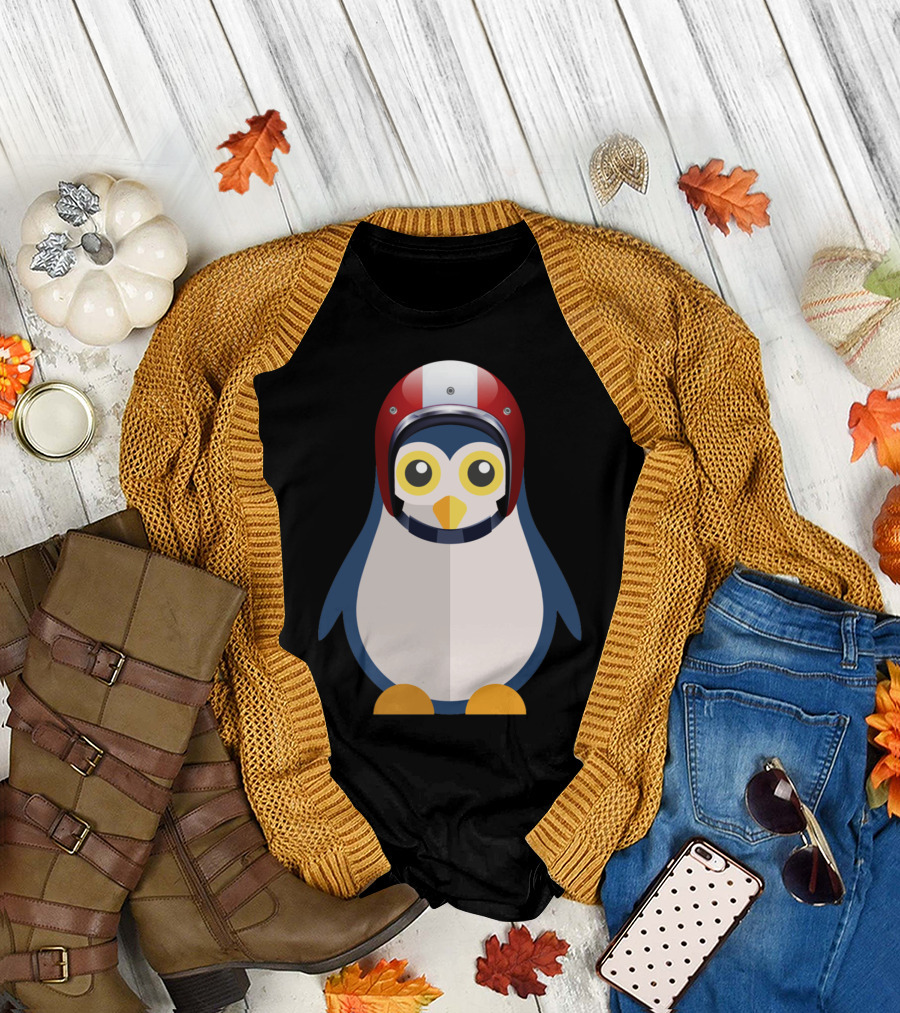 Cute Penguin Wearing Red and White Racing Helmet T-Shirt
