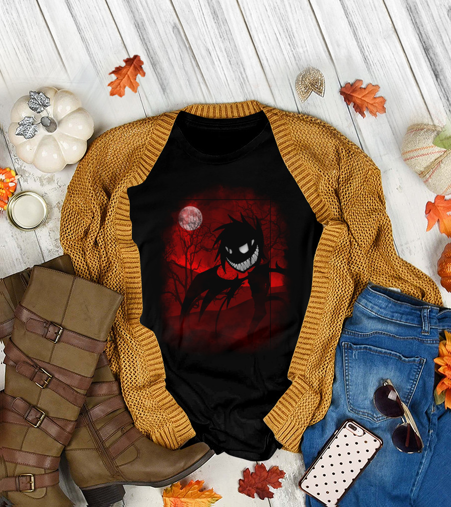 Vengeful Soul Nightmare Silhouette in Red Moonlit Forest Scene T-Shirt
