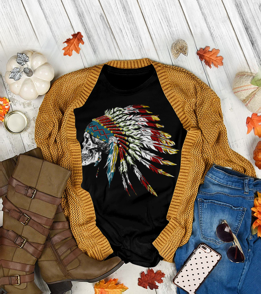 Skull in Native American Headdress with Colorful Feathers T-Shirt