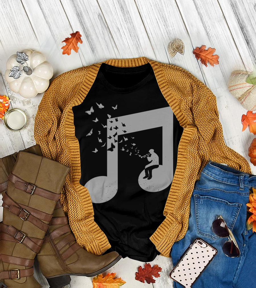 Bugle Music Note with Butterflies and Trumpet Player T-Shirt