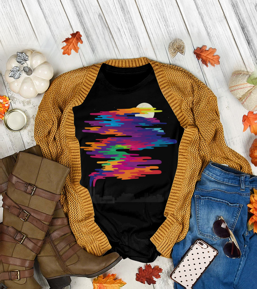 Hidden In The Smog Rainbow Clouds Over Factory Moonlit Night T-Shirt