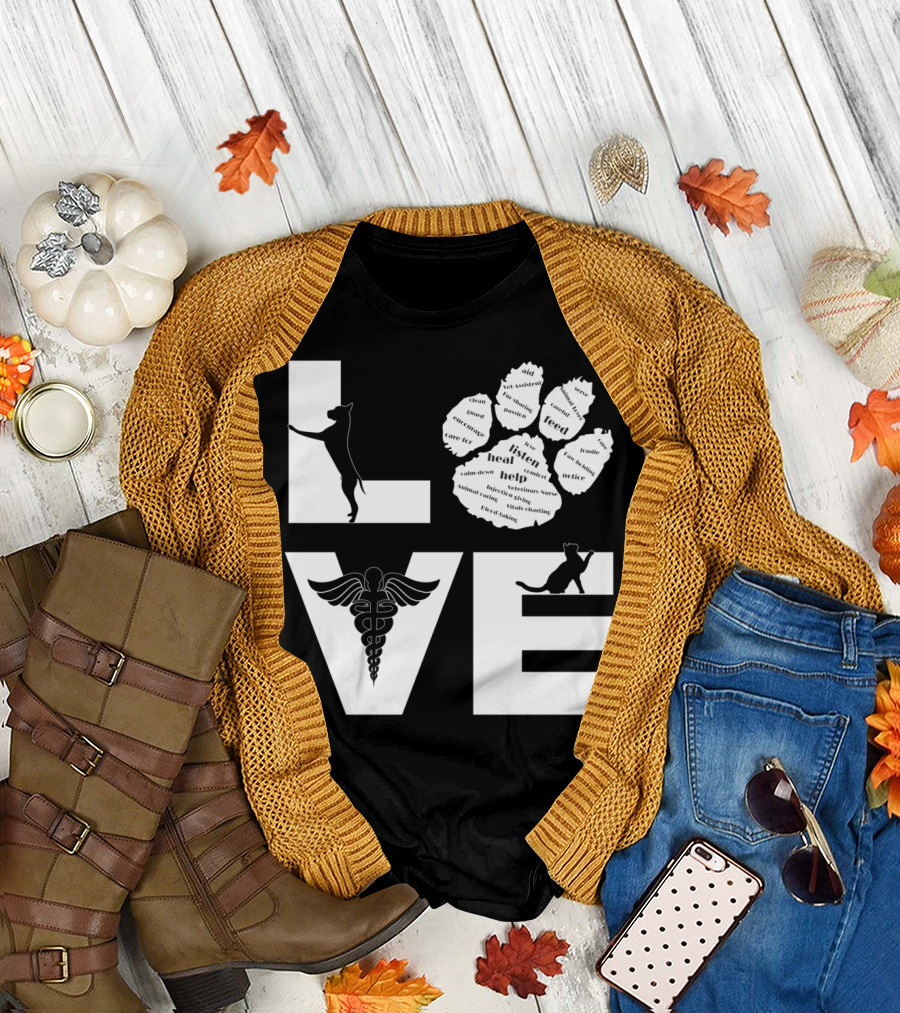 LOVE Listen Heal Help Veterinary Nurse Caduceus Dog Cat T-Shirt