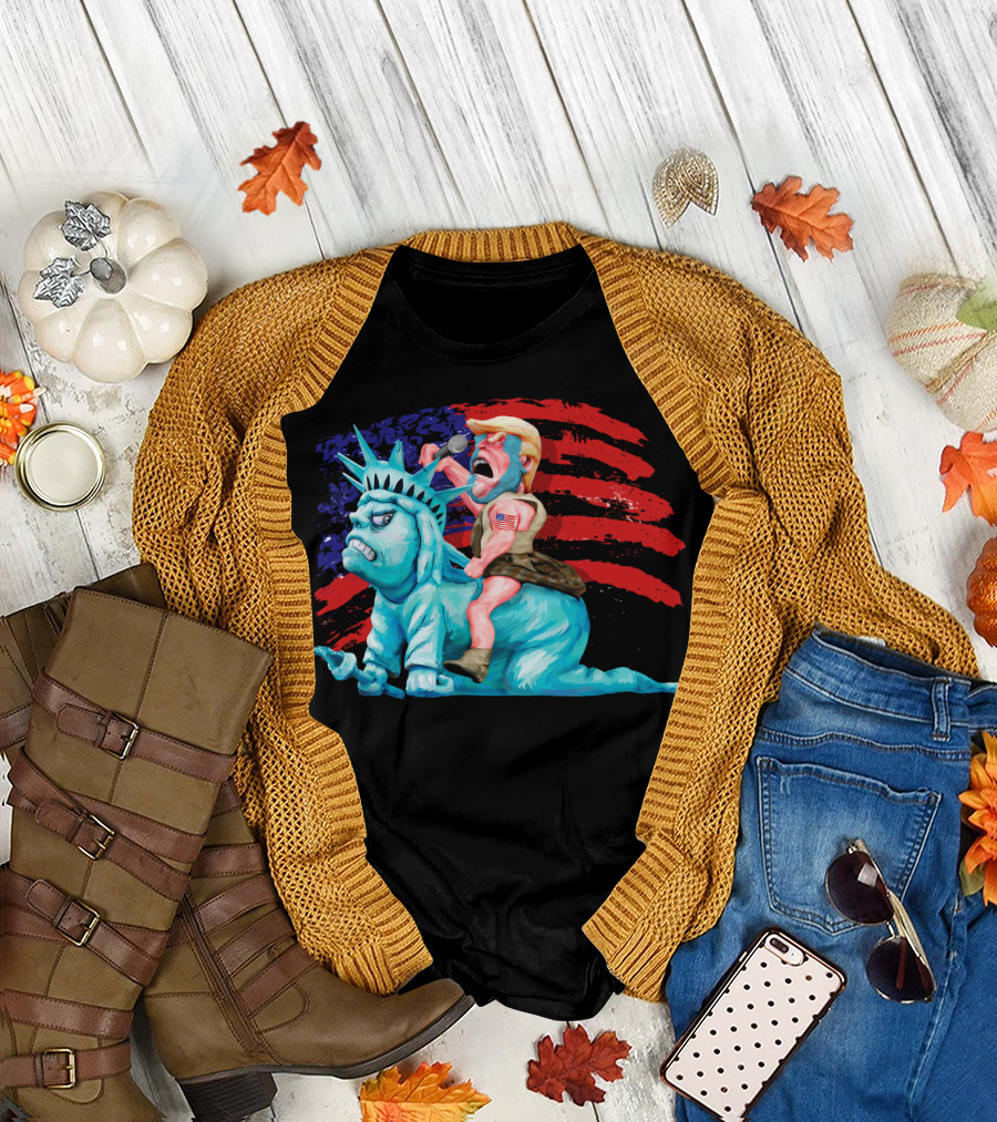 Liberty Is In My Control with Trump Riding Statue of Liberty Against American Flag Background T-Shirt