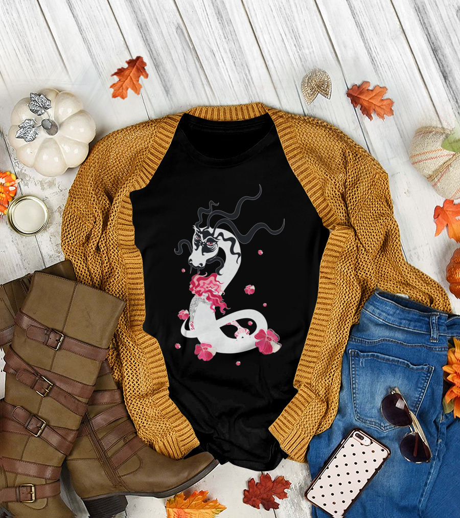 Eternal T White Dragon with Red Floral Accents T-Shirt
