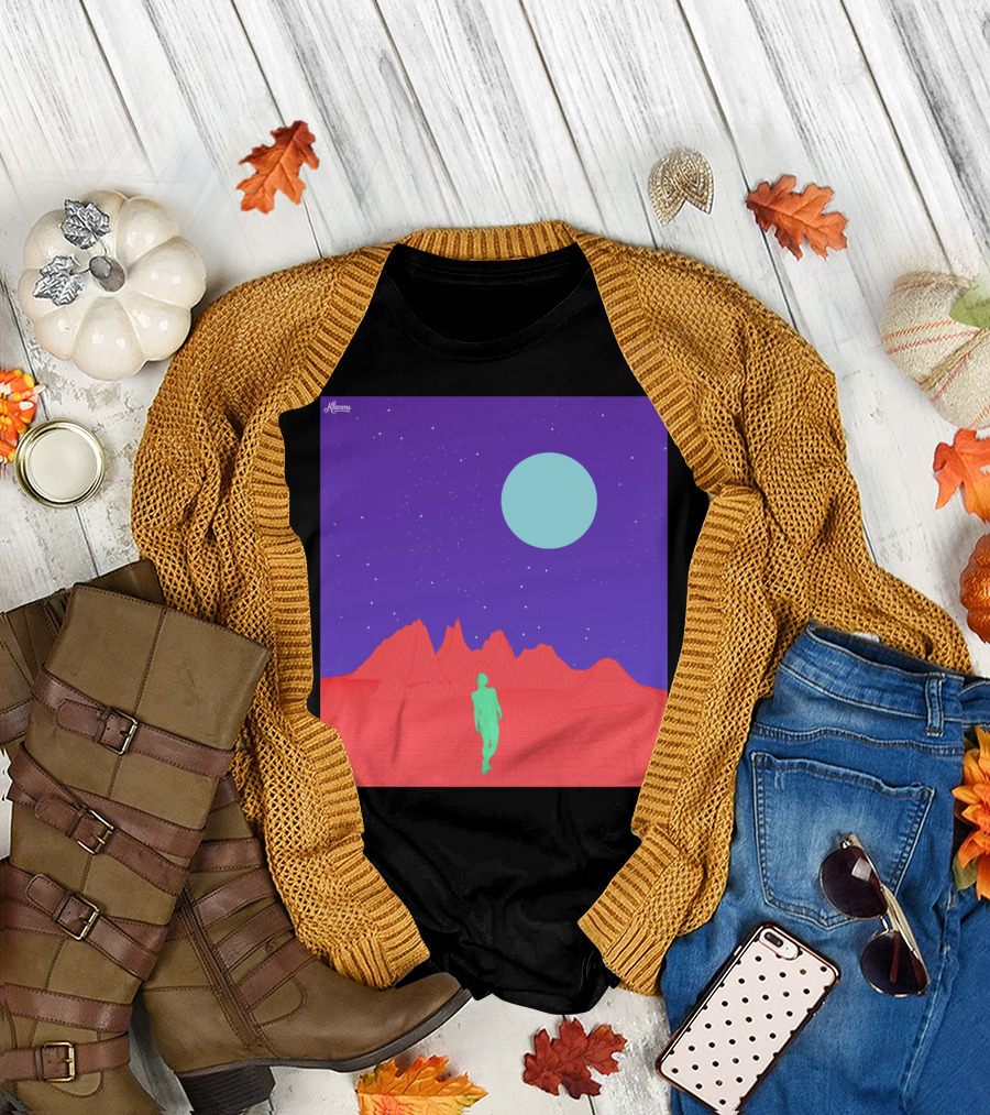 Akemmy Higher View Retro Futuristic Landscape with Moon and Starry Sky T-Shirt