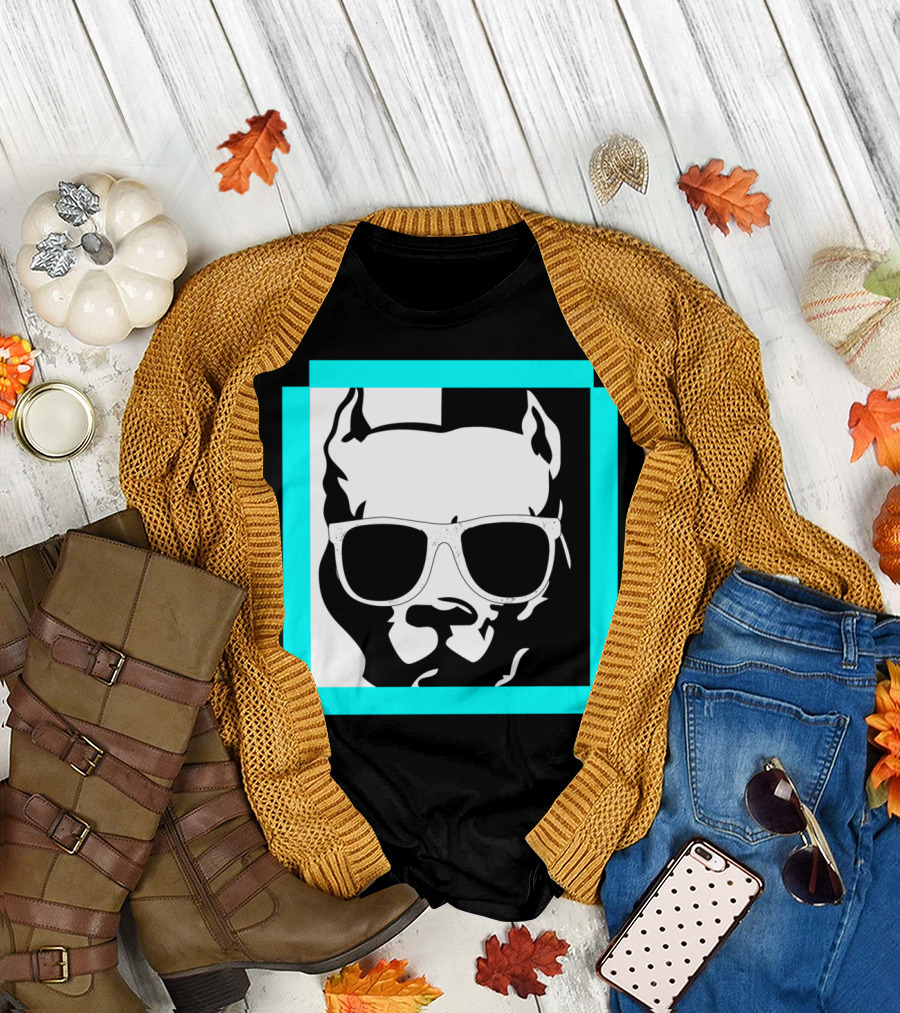Hippie Dog Sunglasses Black White Turquoise T-Shirt