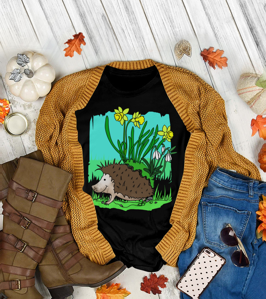 Cute Spring Hedgehog With Daffodils and Green Meadow T-Shirt