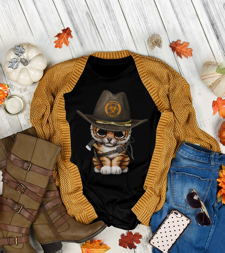 Cute Zombie Hunter Tiger Cub with Cowboy Hat and Biohazard Badge T-Shirt