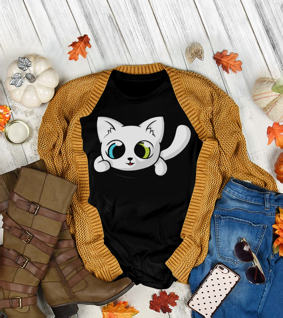 Cute White Pocket Cat Dual-Colored Eyes T-Shirt
