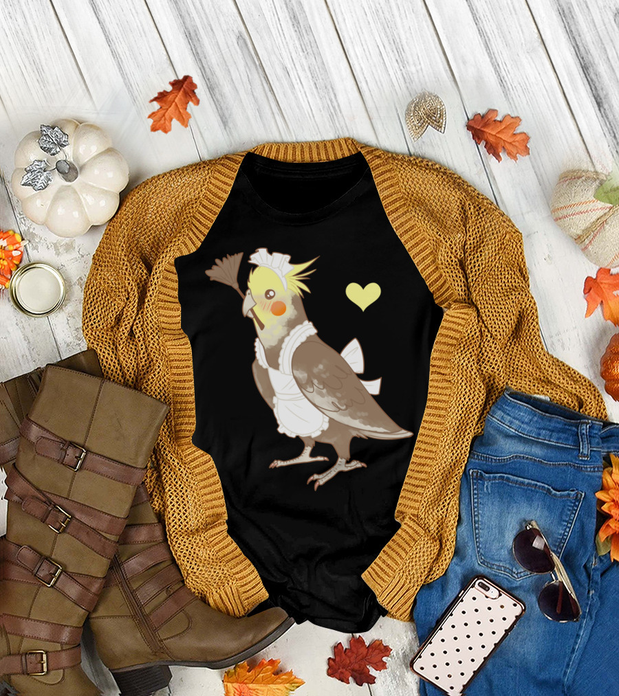 Cockatiel Maid Bird with Feather Duster and Heart T-Shirt
