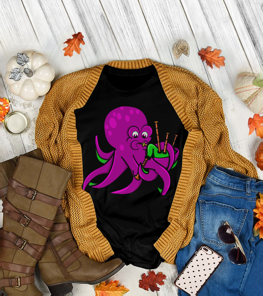 Octopus Playing The Bagpipes Fun Quirky Cartoon T-Shirt