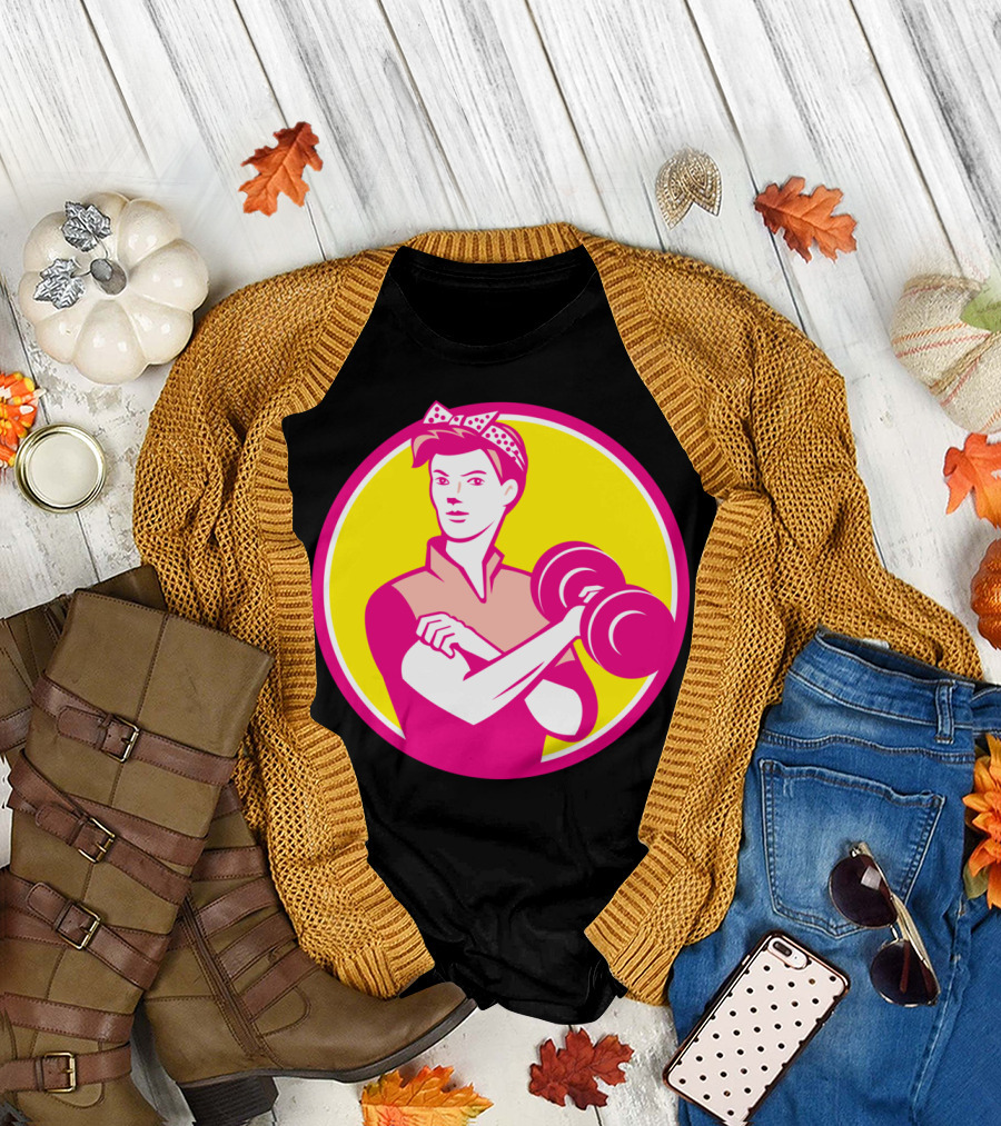 Vintage Strong Woman Dumbbell Fitness Circle T-Shirt