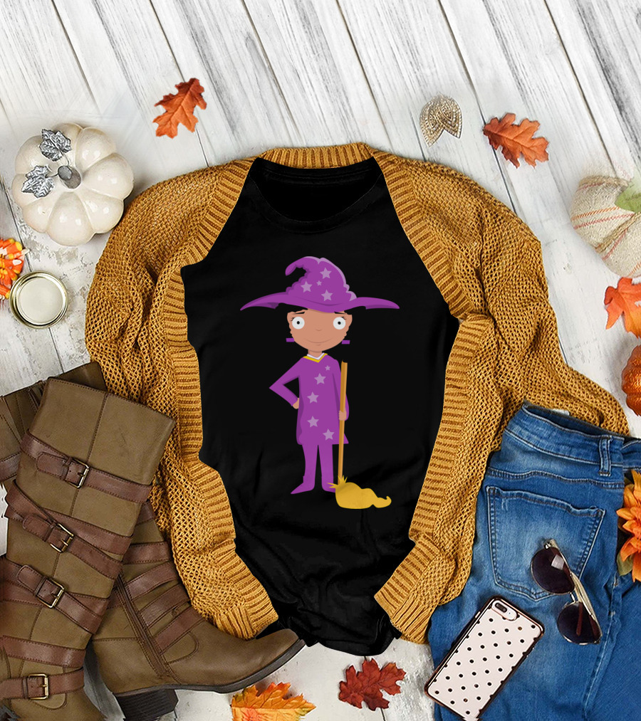 Little Lavender Witch with Purple Hat and Stars Holding Broom T-Shirt