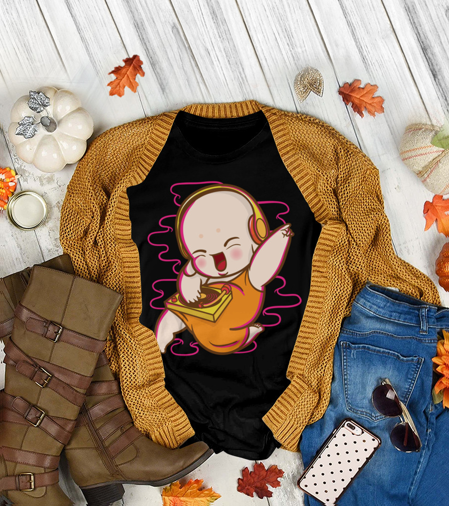 Little Monk DJ Joyful Dance with Headphones and Turntable T-Shirt