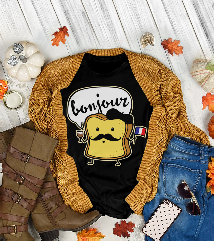 Bonjour French Toast Character Holding Flag and Wine T-Shirt