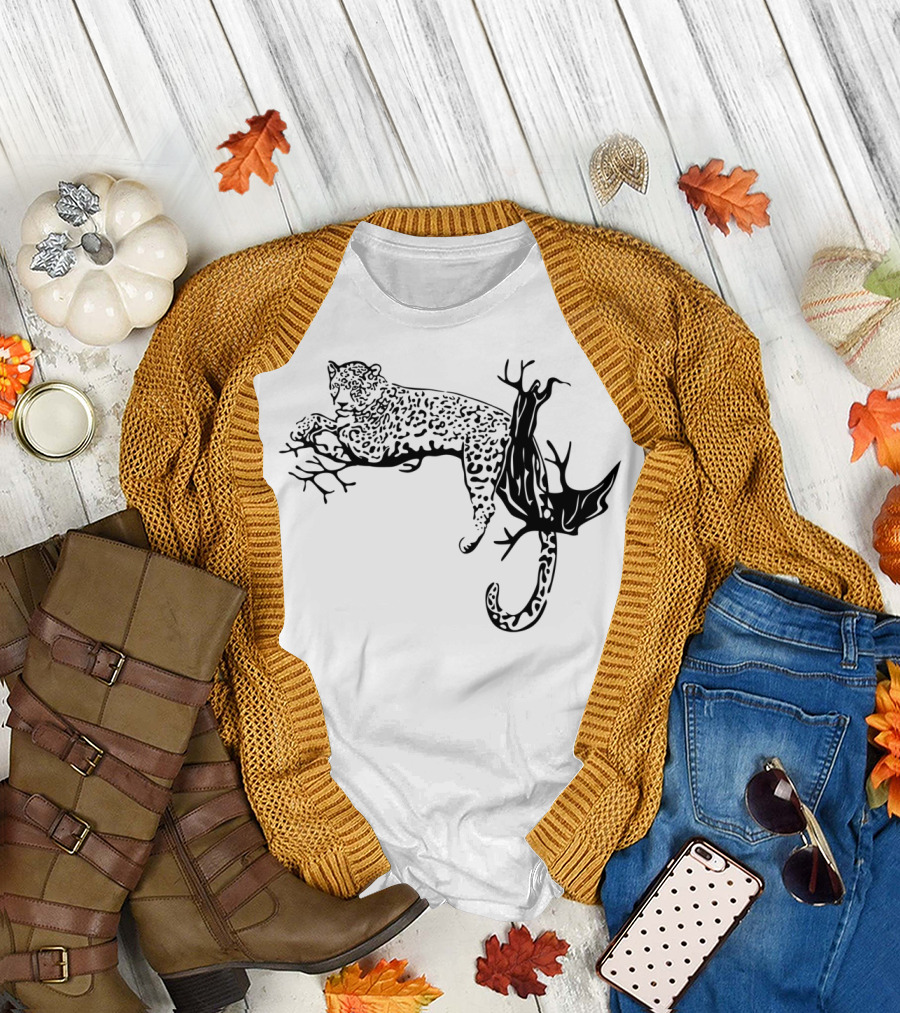 African Tiger Leopard Resting on Tree Branch T-Shirt