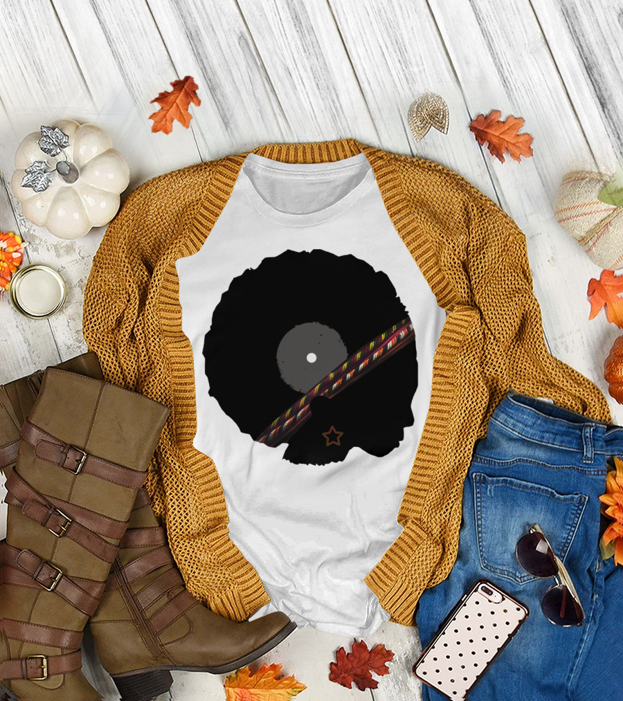 Afro Vinyl African Stylized Record Silhouette with Star and Patterned Detail T-Shirt