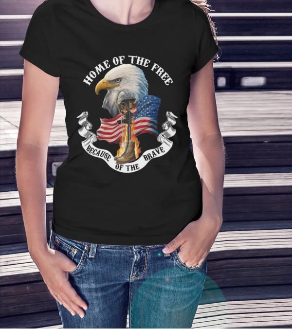 HOME OF THE FREE BECAUSE OF THE BRAVE EAGLE AMERICAN FLAG HELMET AND BOOTS FLAMES T-Shirt