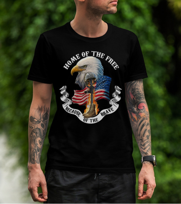 HOME OF THE FREE BECAUSE OF THE BRAVE EAGLE AMERICAN FLAG HELMET AND BOOTS FLAMES T-Shirt