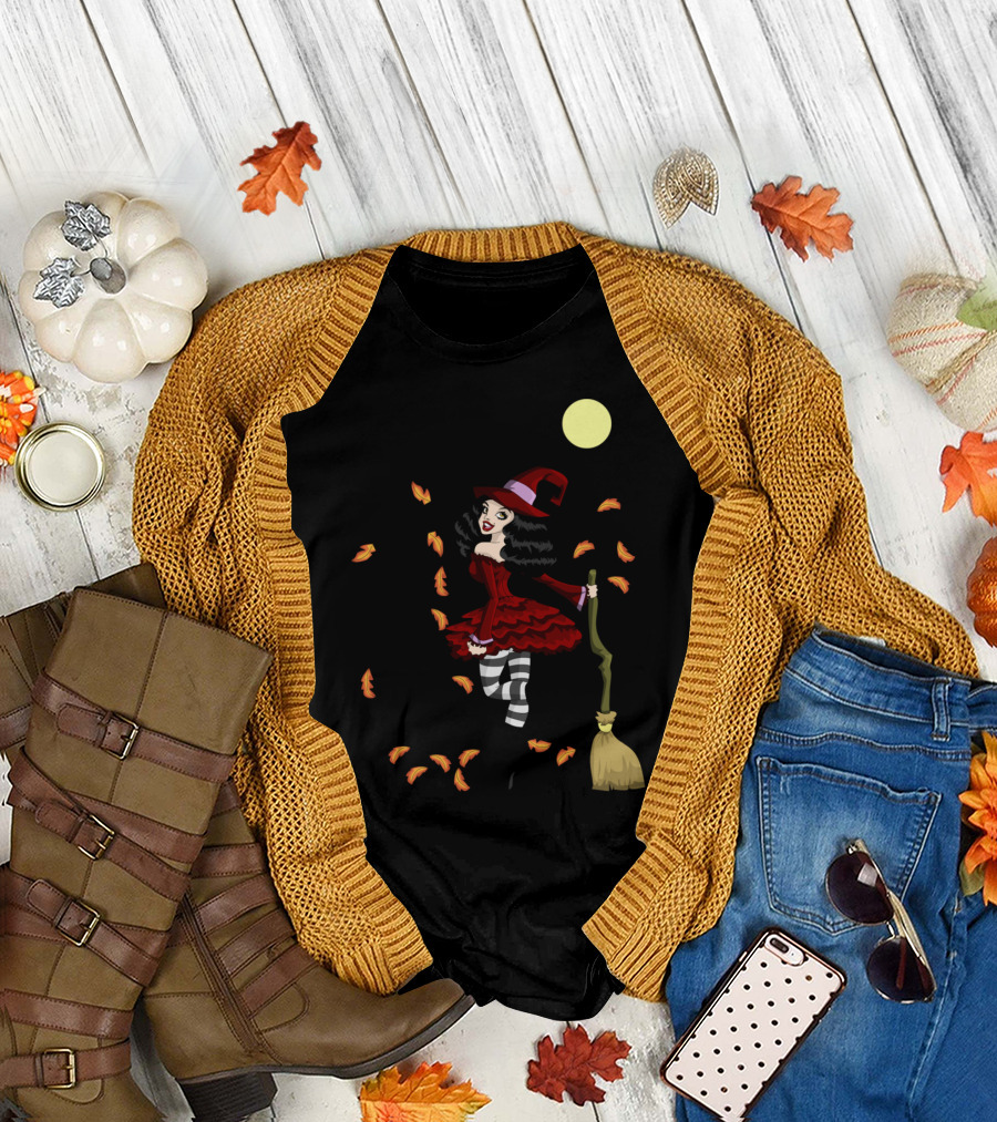Be Witched Halloween Witch with Broom and Moon T-Shirt