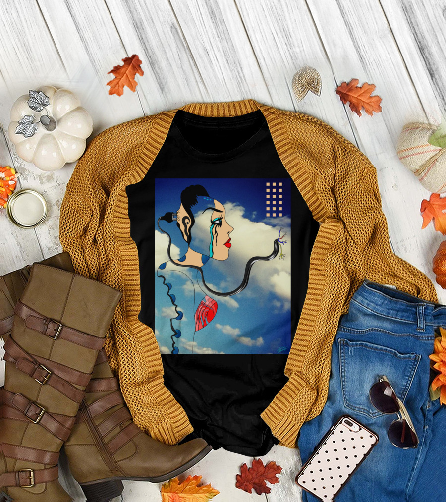 AI Error Surreal Futuristic Woman with Circuitry in Blue Sky T-Shirt