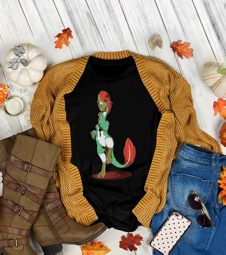 Hong Meilong Dinosaur-Inspired Character with Colorful Feathers and Playful Pose T-Shirt